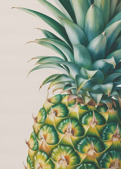 A detailed, realistic painting of the top half of a pineapple against a light cream background, framed in black. The focus is on the vibrant green crown and the geometric pattern of the fruit's skin in shades of green and yellow. Decor