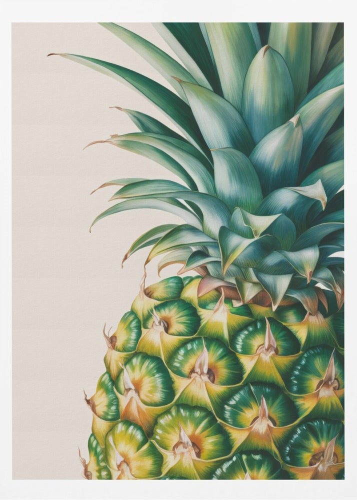 A detailed, realistic painting of the top half of a pineapple against a light cream background, framed in black. The focus is on the vibrant green crown and the geometric pattern of the fruit's skin in shades of green and yellow. Decor