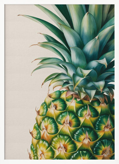 A detailed, realistic painting of the top half of a pineapple against a light cream background, framed in black. The focus is on the vibrant green crown and the geometric pattern of the fruit's skin in shades of green and yellow. Decor