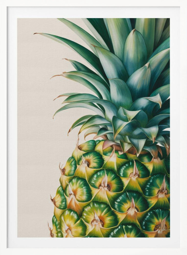A detailed, realistic painting of the top half of a pineapple against a light cream background, framed in black. The focus is on the vibrant green crown and the geometric pattern of the fruit's skin in shades of green and yellow. Decor