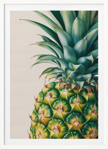A detailed, realistic painting of the top half of a pineapple against a light cream background, framed in black. The focus is on the vibrant green crown and the geometric pattern of the fruit's skin in shades of green and yellow. Decor