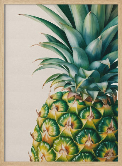 A detailed, realistic painting of the top half of a pineapple against a light cream background, framed in black. The focus is on the vibrant green crown and the geometric pattern of the fruit's skin in shades of green and yellow. Decor