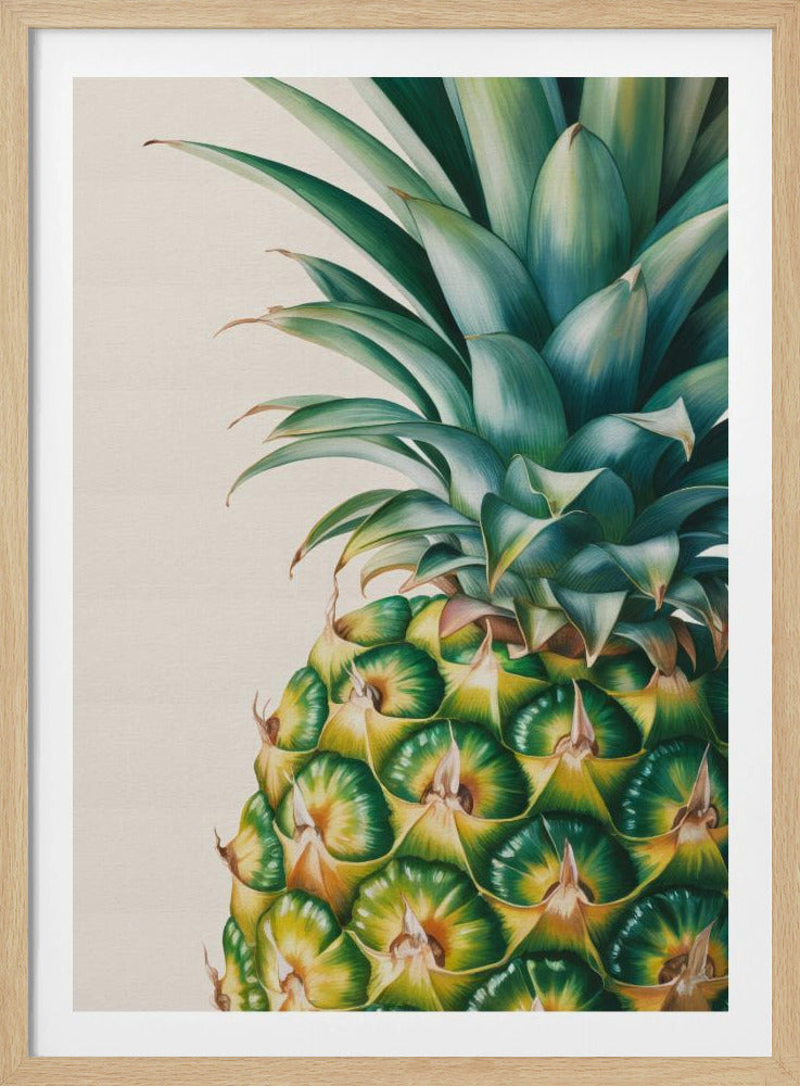 A detailed, realistic painting of the top half of a pineapple against a light cream background, framed in black. The focus is on the vibrant green crown and the geometric pattern of the fruit's skin in shades of green and yellow. Decor