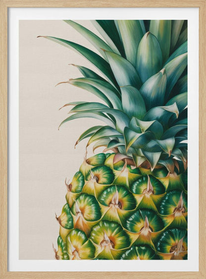 A detailed, realistic painting of the top half of a pineapple against a light cream background, framed in black. The focus is on the vibrant green crown and the geometric pattern of the fruit's skin in shades of green and yellow. Decor