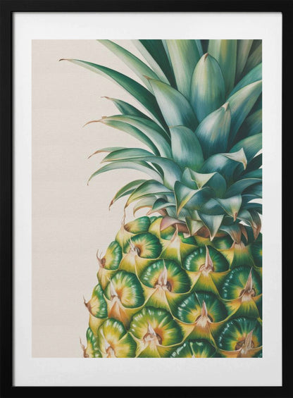 A detailed, realistic painting of the top half of a pineapple against a light cream background, framed in black. The focus is on the vibrant green crown and the geometric pattern of the fruit's skin in shades of green and yellow. Decor
