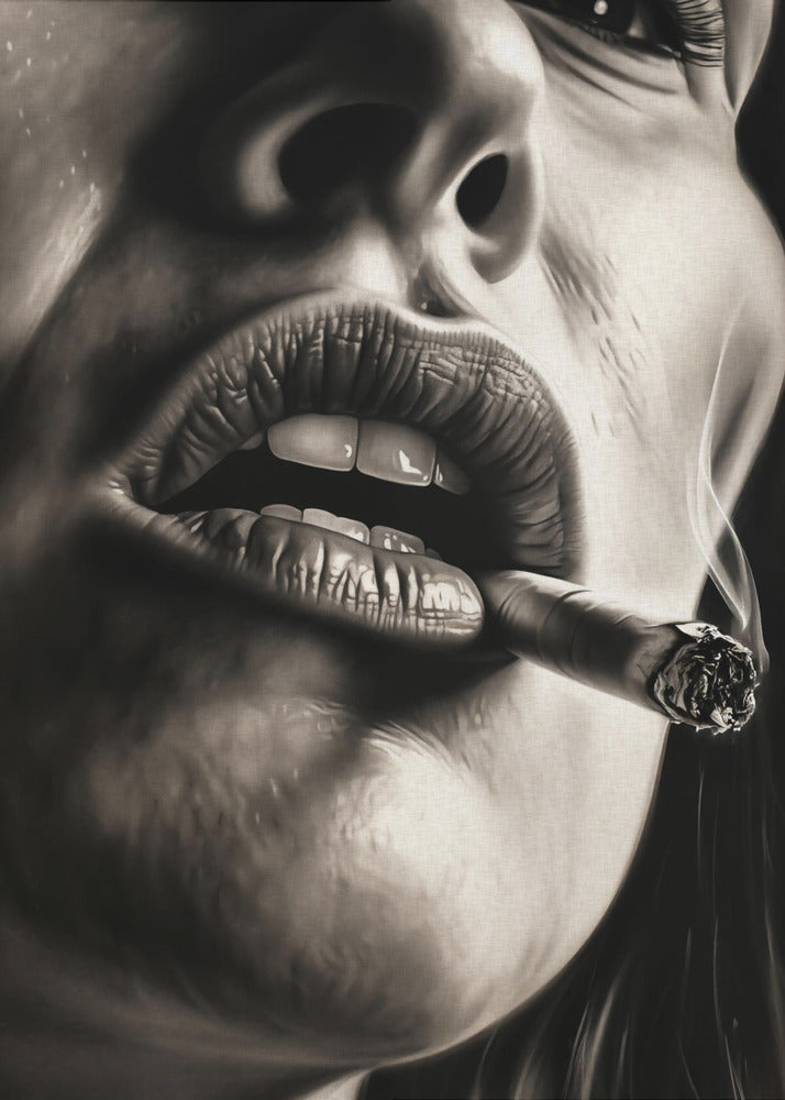 A hyper-realistic, black and white close-up portrait of a woman smoking a cigar. The low-angle shot focuses on her full, textured lips holding the lit cigar, with smoke gently rising. The high-contrast lighting accentuates the details of her skin and mouth. Print