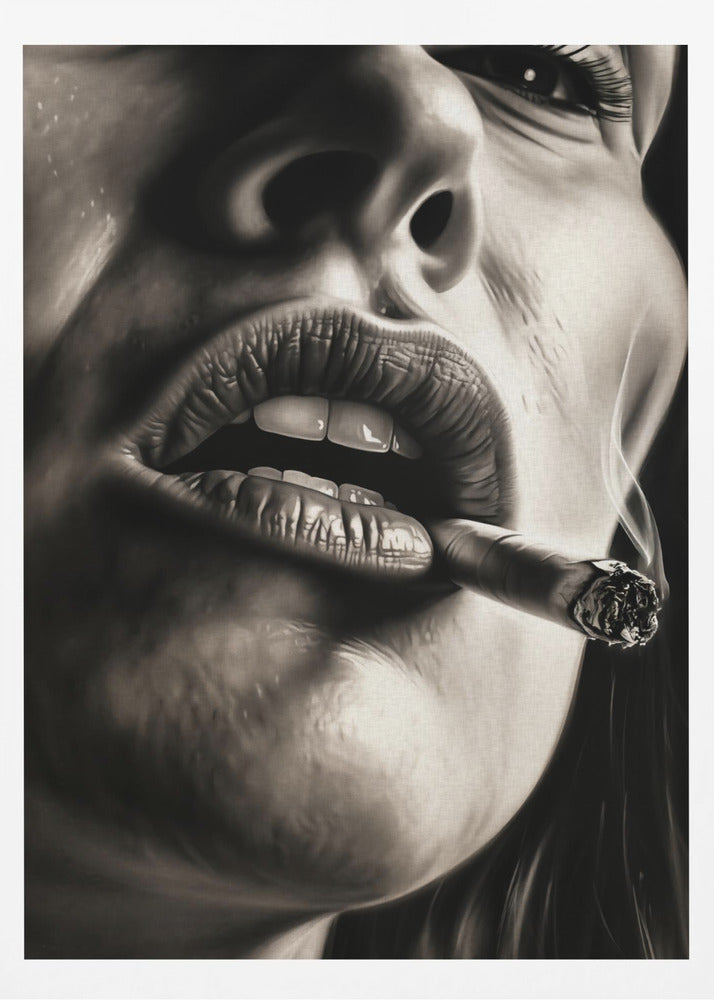 A hyper-realistic, black and white close-up portrait of a woman smoking a cigar. The low-angle shot focuses on her full, textured lips holding the lit cigar, with smoke gently rising. The high-contrast lighting accentuates the details of her skin and mouth. Print