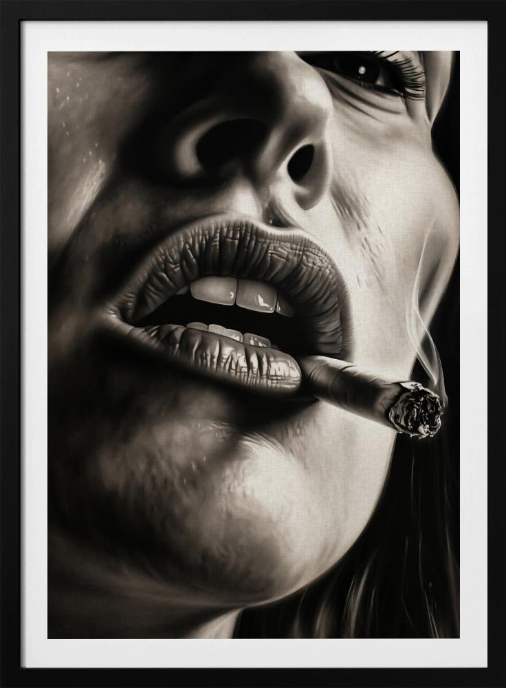 A hyper-realistic, black and white close-up portrait of a woman smoking a cigar. The low-angle shot focuses on her full, textured lips holding the lit cigar, with smoke gently rising. The high-contrast lighting accentuates the details of her skin and mouth. Print