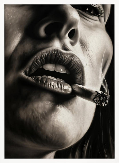 A hyper-realistic, black and white close-up portrait of a woman smoking a cigar. The low-angle shot focuses on her full, textured lips holding the lit cigar, with smoke gently rising. The high-contrast lighting accentuates the details of her skin and mouth. Print