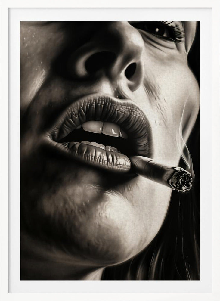 A hyper-realistic, black and white close-up portrait of a woman smoking a cigar. The low-angle shot focuses on her full, textured lips holding the lit cigar, with smoke gently rising. The high-contrast lighting accentuates the details of her skin and mouth. Print