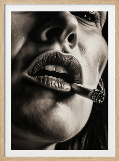 A hyper-realistic, black and white close-up portrait of a woman smoking a cigar. The low-angle shot focuses on her full, textured lips holding the lit cigar, with smoke gently rising. The high-contrast lighting accentuates the details of her skin and mouth. Print