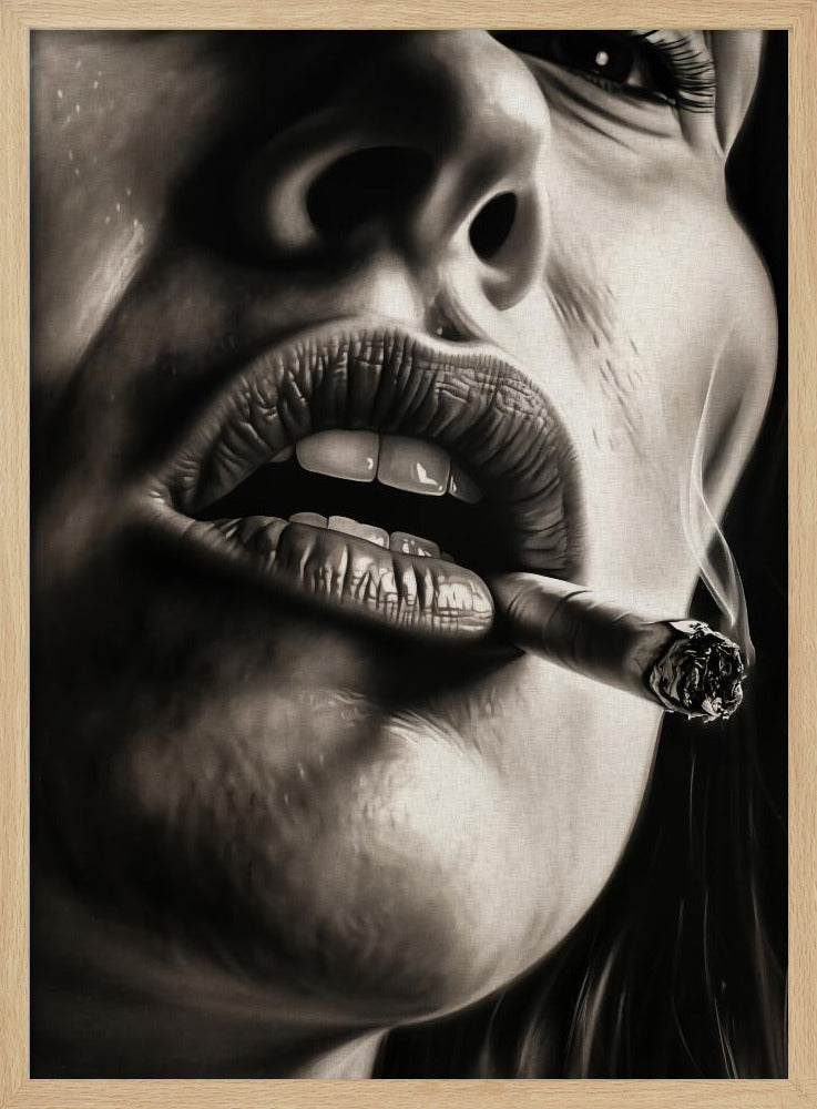 A hyper-realistic, black and white close-up portrait of a woman smoking a cigar. The low-angle shot focuses on her full, textured lips holding the lit cigar, with smoke gently rising. The high-contrast lighting accentuates the details of her skin and mouth. Print