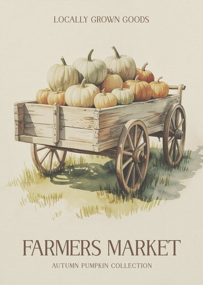 A vintage-style watercolor poster of a rustic wooden wagon filled with an assortment of orange, white, and pale green pumpkins. The poster has text that reads 'Locally Grown Goods' at the top and 'Farmers Market, Autumn Pumpkin Collection' at the bottom, all within a thin black frame. Artwork