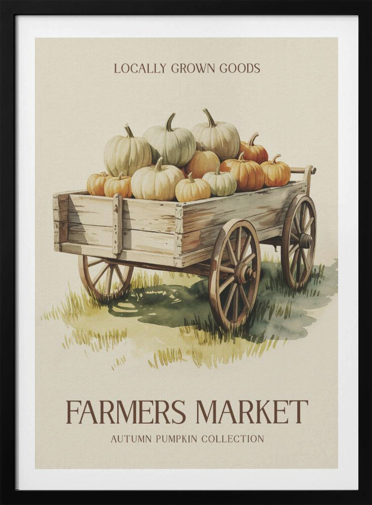 A vintage-style watercolor poster of a rustic wooden wagon filled with an assortment of orange, white, and pale green pumpkins. The poster has text that reads 'Locally Grown Goods' at the top and 'Farmers Market, Autumn Pumpkin Collection' at the bottom, all within a thin black frame. Artwork