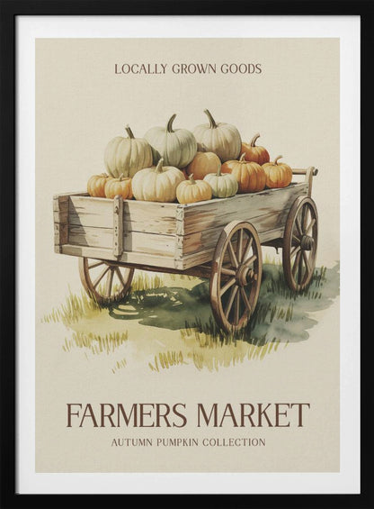 A vintage-style watercolor poster of a rustic wooden wagon filled with an assortment of orange, white, and pale green pumpkins. The poster has text that reads 'Locally Grown Goods' at the top and 'Farmers Market, Autumn Pumpkin Collection' at the bottom, all within a thin black frame. Artwork