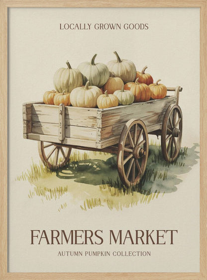A vintage-style watercolor poster of a rustic wooden wagon filled with an assortment of orange, white, and pale green pumpkins. The poster has text that reads 'Locally Grown Goods' at the top and 'Farmers Market, Autumn Pumpkin Collection' at the bottom, all within a thin black frame. Artwork