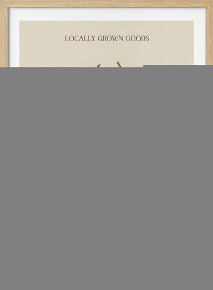 A vintage-style watercolor poster of a rustic wooden wagon filled with an assortment of orange, white, and pale green pumpkins. The poster has text that reads 'Locally Grown Goods' at the top and 'Farmers Market, Autumn Pumpkin Collection' at the bottom, all within a thin black frame. Artwork