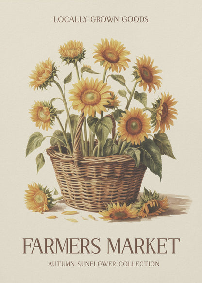 A vintage-style poster with a black frame featuring a botanical illustration of a woven basket filled with yellow sunflowers. Text at the top reads 'LOCALLY GROWN GOODS', and text at the bottom reads 'FARMERS MARKET' and 'AUTUMN SUNFLOWER COLLECTION' on a cream background. Print