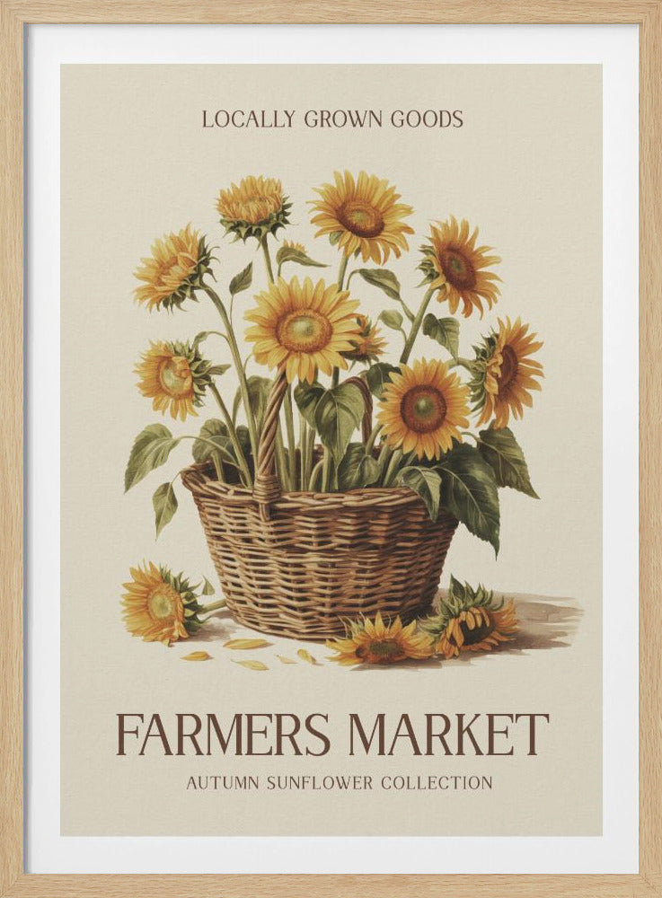A vintage-style poster with a black frame featuring a botanical illustration of a woven basket filled with yellow sunflowers. Text at the top reads 'LOCALLY GROWN GOODS', and text at the bottom reads 'FARMERS MARKET' and 'AUTUMN SUNFLOWER COLLECTION' on a cream background. Print