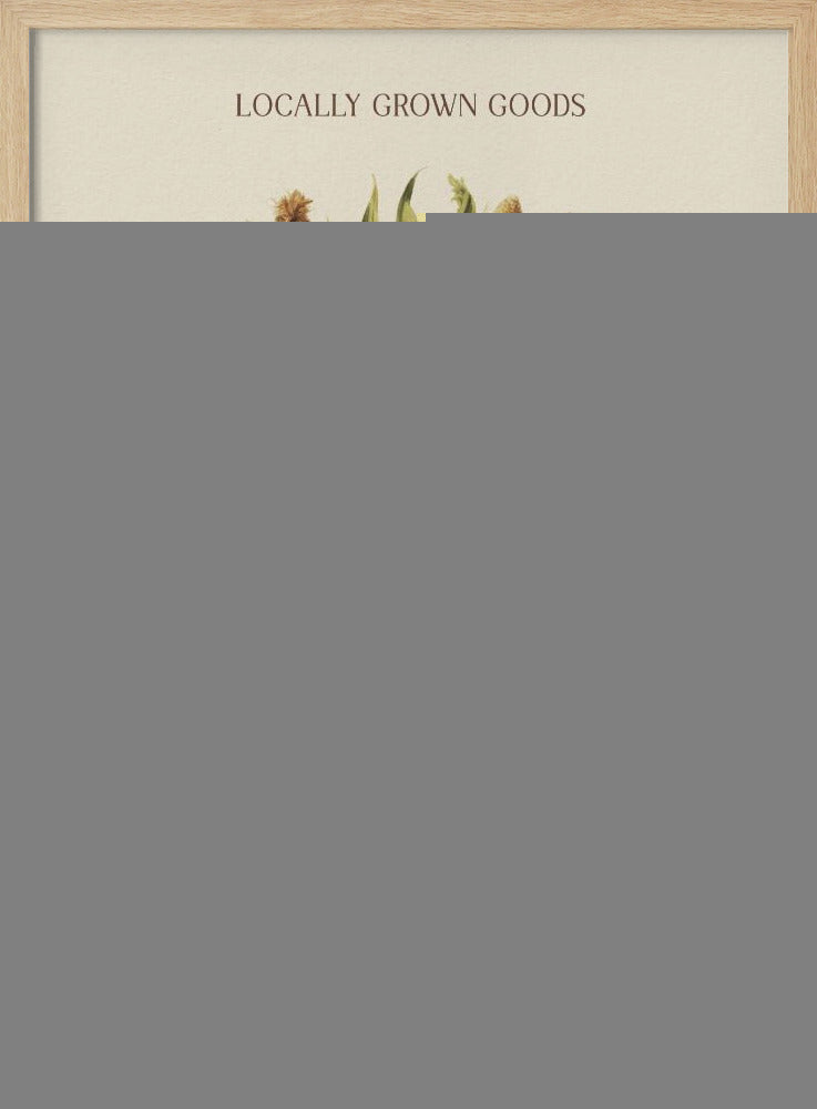 A vintage-style art print with a black frame featuring a wicker basket full of ears of corn. The poster has text that reads 'LOCALLY GROWN GOODS' at the top and 'FARMERS MARKET AUTUMN CORN COLLECTION' at the bottom. The background is a light cream color. Artwork