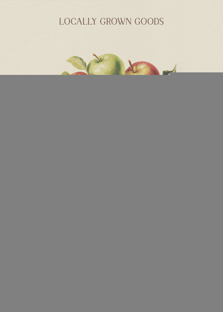 A vintage-style art print advertising a farmers market. It features an illustration of red and green apples in wooden crates against a cream background. The text reads 'Locally Grown Goods' and 'Farmers Market, Autumn Apple Harvest'. Print
