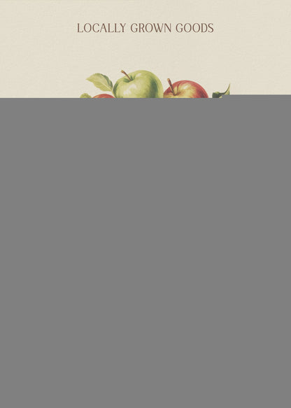A vintage-style art print advertising a farmers market. It features an illustration of red and green apples in wooden crates against a cream background. The text reads 'Locally Grown Goods' and 'Farmers Market, Autumn Apple Harvest'. Print
