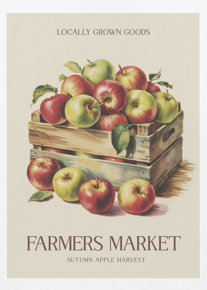 A vintage-style art print advertising a farmers market. It features an illustration of red and green apples in wooden crates against a cream background. The text reads 'Locally Grown Goods' and 'Farmers Market, Autumn Apple Harvest'. Print