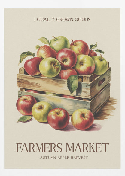 A vintage-style art print advertising a farmers market. It features an illustration of red and green apples in wooden crates against a cream background. The text reads 'Locally Grown Goods' and 'Farmers Market, Autumn Apple Harvest'. Print