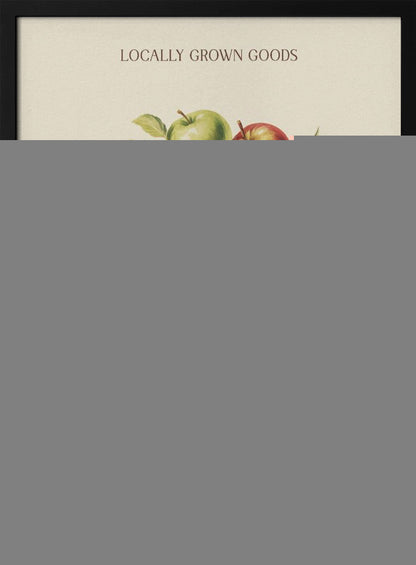 A vintage-style art print advertising a farmers market. It features an illustration of red and green apples in wooden crates against a cream background. The text reads 'Locally Grown Goods' and 'Farmers Market, Autumn Apple Harvest'. Print