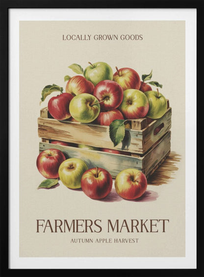A vintage-style art print advertising a farmers market. It features an illustration of red and green apples in wooden crates against a cream background. The text reads 'Locally Grown Goods' and 'Farmers Market, Autumn Apple Harvest'. Print