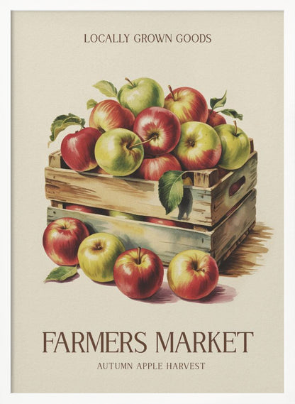 A vintage-style art print advertising a farmers market. It features an illustration of red and green apples in wooden crates against a cream background. The text reads 'Locally Grown Goods' and 'Farmers Market, Autumn Apple Harvest'. Print