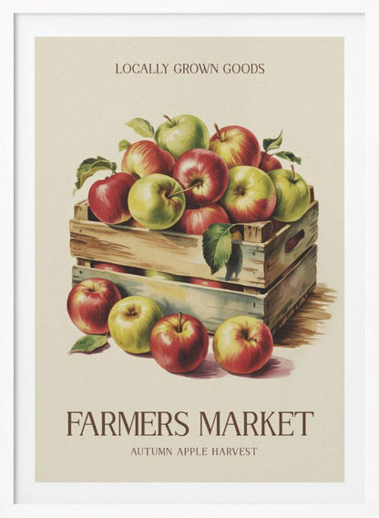 A vintage-style art print advertising a farmers market. It features an illustration of red and green apples in wooden crates against a cream background. The text reads 'Locally Grown Goods' and 'Farmers Market, Autumn Apple Harvest'. Print