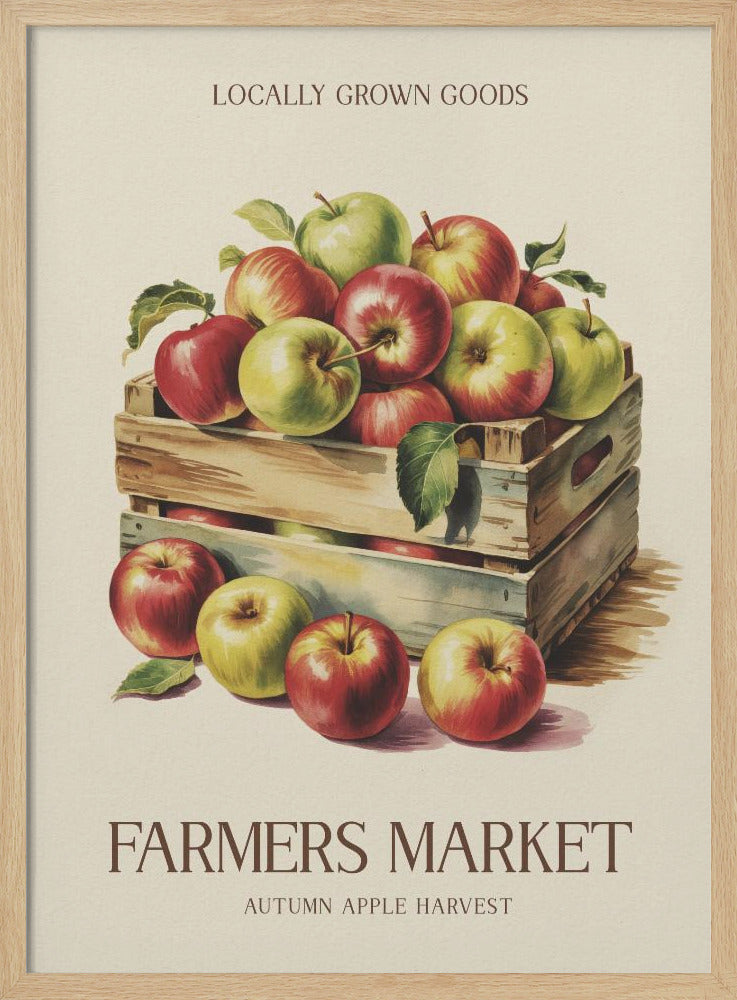 A vintage-style art print advertising a farmers market. It features an illustration of red and green apples in wooden crates against a cream background. The text reads 'Locally Grown Goods' and 'Farmers Market, Autumn Apple Harvest'. Print