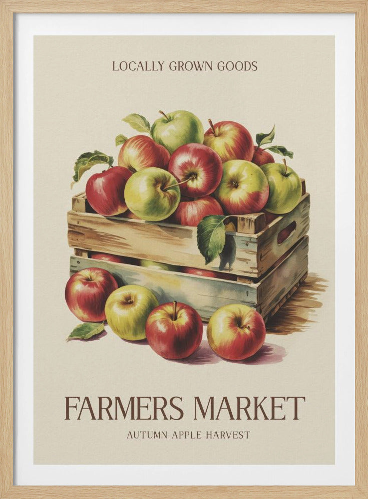 A vintage-style art print advertising a farmers market. It features an illustration of red and green apples in wooden crates against a cream background. The text reads 'Locally Grown Goods' and 'Farmers Market, Autumn Apple Harvest'. Print