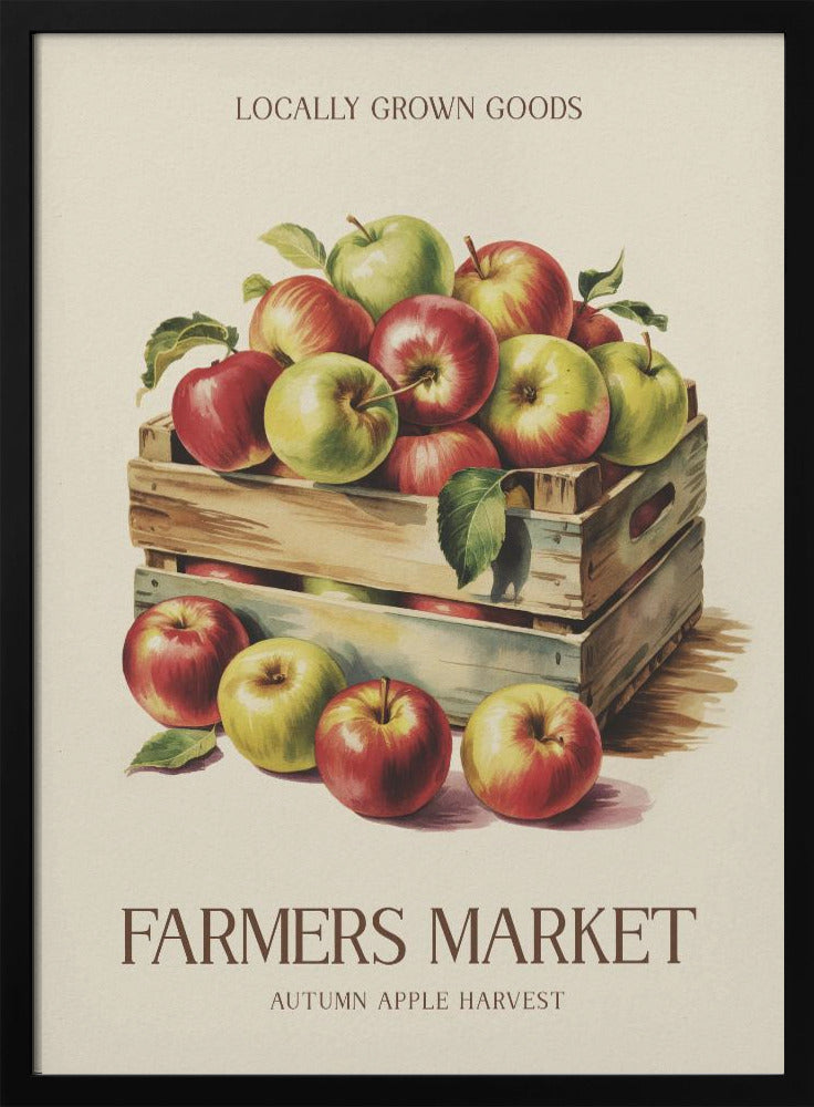 A vintage-style art print advertising a farmers market. It features an illustration of red and green apples in wooden crates against a cream background. The text reads 'Locally Grown Goods' and 'Farmers Market, Autumn Apple Harvest'. Print