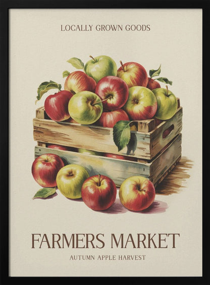 A vintage-style art print advertising a farmers market. It features an illustration of red and green apples in wooden crates against a cream background. The text reads 'Locally Grown Goods' and 'Farmers Market, Autumn Apple Harvest'. Print