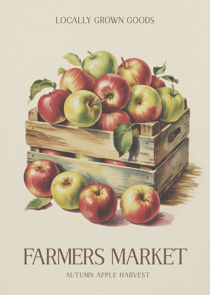 A vintage-style art print advertising a farmers market. It features an illustration of red and green apples in wooden crates against a cream background. The text reads 'Locally Grown Goods' and 'Farmers Market, Autumn Apple Harvest'. Print