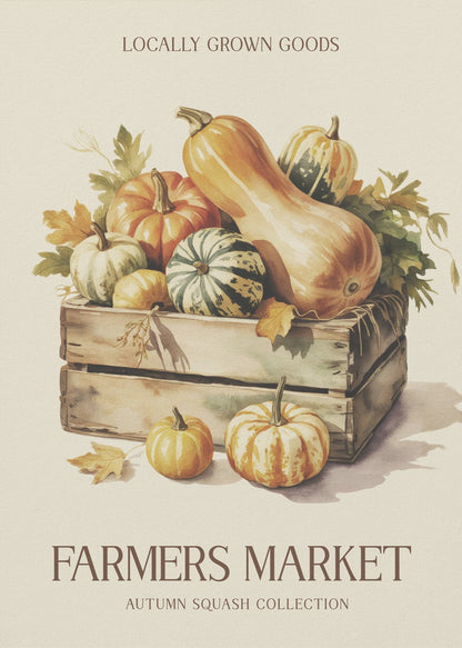 A vintage-style watercolor illustration of a farmers market poster. A wooden crate is filled with an assortment of autumn squashes and pumpkins, including butternut and striped varieties. Text at the top reads 'LOCALLY GROWN GOODS', and at the bottom, 'FARMERS MARKET' with 'AUTUMN SQUASH COLLECTION' underneath, all on a cream background with a thin black frame. Poster
