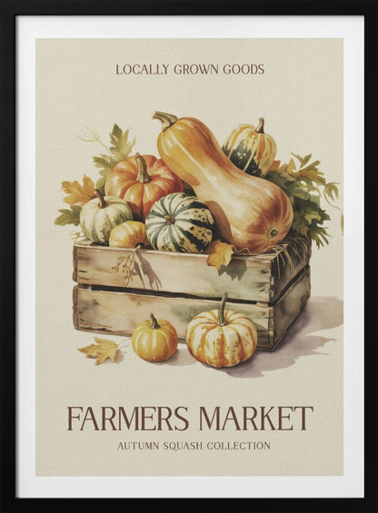 A vintage-style watercolor illustration of a farmers market poster. A wooden crate is filled with an assortment of autumn squashes and pumpkins, including butternut and striped varieties. Text at the top reads 'LOCALLY GROWN GOODS', and at the bottom, 'FARMERS MARKET' with 'AUTUMN SQUASH COLLECTION' underneath, all on a cream background with a thin black frame. Poster