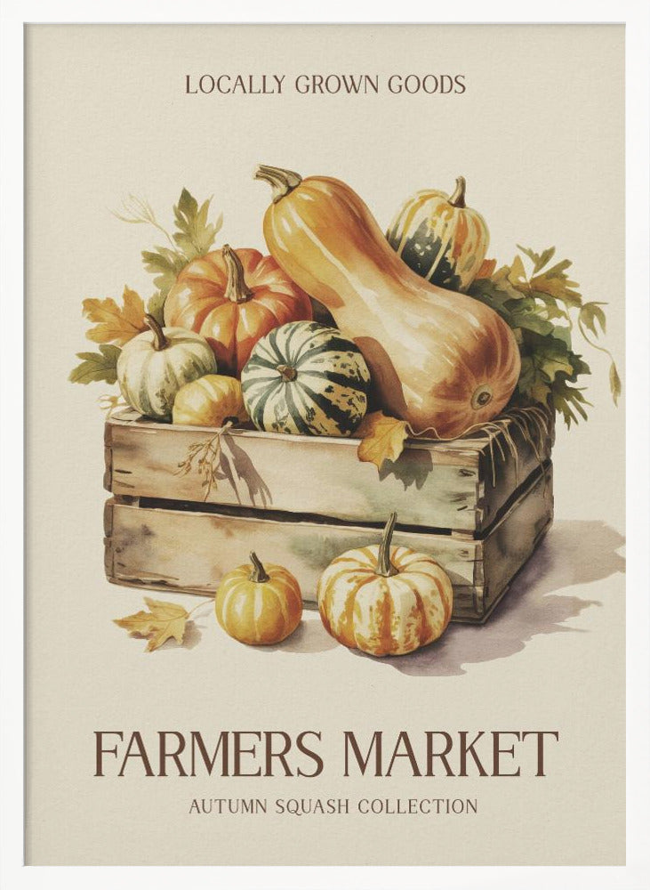 A vintage-style watercolor illustration of a farmers market poster. A wooden crate is filled with an assortment of autumn squashes and pumpkins, including butternut and striped varieties. Text at the top reads 'LOCALLY GROWN GOODS', and at the bottom, 'FARMERS MARKET' with 'AUTUMN SQUASH COLLECTION' underneath, all on a cream background with a thin black frame. Poster