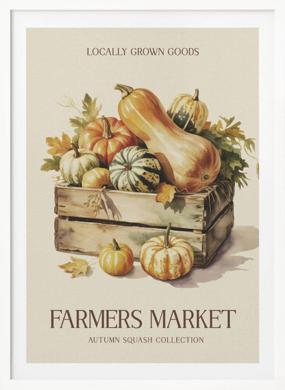A vintage-style watercolor illustration of a farmers market poster. A wooden crate is filled with an assortment of autumn squashes and pumpkins, including butternut and striped varieties. Text at the top reads 'LOCALLY GROWN GOODS', and at the bottom, 'FARMERS MARKET' with 'AUTUMN SQUASH COLLECTION' underneath, all on a cream background with a thin black frame. Poster