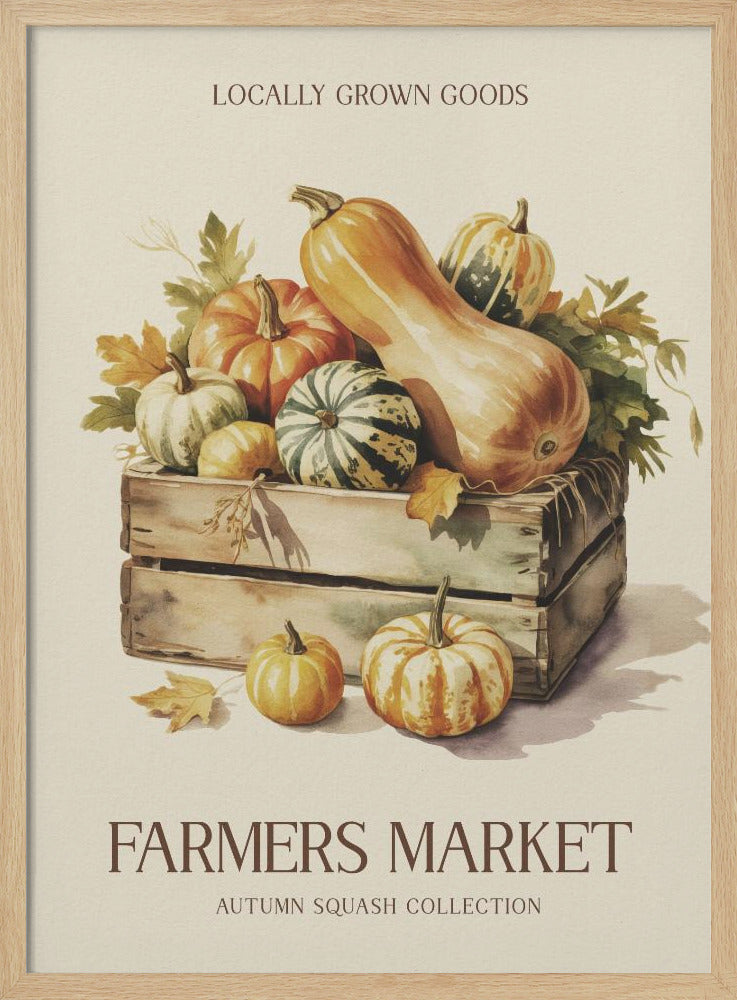 A vintage-style watercolor illustration of a farmers market poster. A wooden crate is filled with an assortment of autumn squashes and pumpkins, including butternut and striped varieties. Text at the top reads 'LOCALLY GROWN GOODS', and at the bottom, 'FARMERS MARKET' with 'AUTUMN SQUASH COLLECTION' underneath, all on a cream background with a thin black frame. Poster