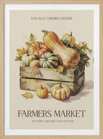 A vintage-style watercolor illustration of a farmers market poster. A wooden crate is filled with an assortment of autumn squashes and pumpkins, including butternut and striped varieties. Text at the top reads 'LOCALLY GROWN GOODS', and at the bottom, 'FARMERS MARKET' with 'AUTUMN SQUASH COLLECTION' underneath, all on a cream background with a thin black frame. Poster