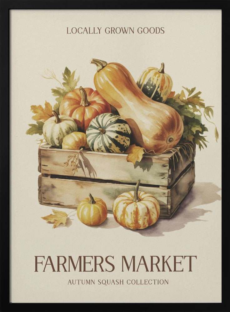 A vintage-style watercolor illustration of a farmers market poster. A wooden crate is filled with an assortment of autumn squashes and pumpkins, including butternut and striped varieties. Text at the top reads 'LOCALLY GROWN GOODS', and at the bottom, 'FARMERS MARKET' with 'AUTUMN SQUASH COLLECTION' underneath, all on a cream background with a thin black frame. Poster