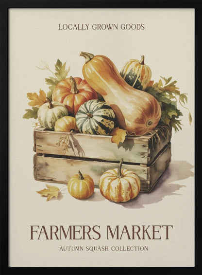 A vintage-style watercolor illustration of a farmers market poster. A wooden crate is filled with an assortment of autumn squashes and pumpkins, including butternut and striped varieties. Text at the top reads 'LOCALLY GROWN GOODS', and at the bottom, 'FARMERS MARKET' with 'AUTUMN SQUASH COLLECTION' underneath, all on a cream background with a thin black frame. Poster