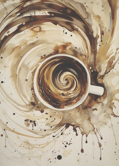 An abstract watercolor painting of a cup of coffee viewed from above. The coffee inside the white mug swirls in a mesmerizing spiral of brown and cream tones. This swirling motion explodes outwards from the cup, creating dynamic splashes and splatters of coffee-colored paint across the light beige background. The artwork is enclosed in a simple black frame. Print