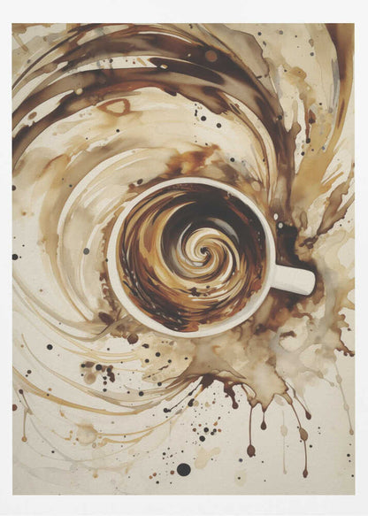 An abstract watercolor painting of a cup of coffee viewed from above. The coffee inside the white mug swirls in a mesmerizing spiral of brown and cream tones. This swirling motion explodes outwards from the cup, creating dynamic splashes and splatters of coffee-colored paint across the light beige background. The artwork is enclosed in a simple black frame. Print