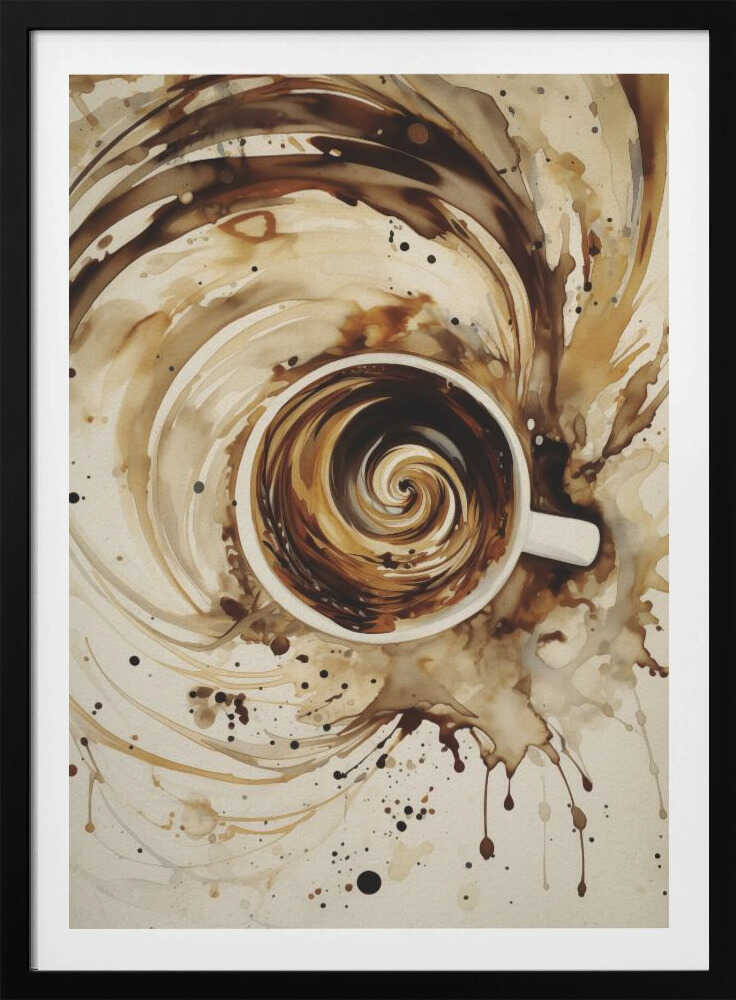 An abstract watercolor painting of a cup of coffee viewed from above. The coffee inside the white mug swirls in a mesmerizing spiral of brown and cream tones. This swirling motion explodes outwards from the cup, creating dynamic splashes and splatters of coffee-colored paint across the light beige background. The artwork is enclosed in a simple black frame. Print