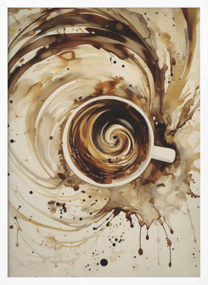 An abstract watercolor painting of a cup of coffee viewed from above. The coffee inside the white mug swirls in a mesmerizing spiral of brown and cream tones. This swirling motion explodes outwards from the cup, creating dynamic splashes and splatters of coffee-colored paint across the light beige background. The artwork is enclosed in a simple black frame. Print