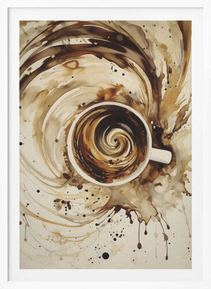 An abstract watercolor painting of a cup of coffee viewed from above. The coffee inside the white mug swirls in a mesmerizing spiral of brown and cream tones. This swirling motion explodes outwards from the cup, creating dynamic splashes and splatters of coffee-colored paint across the light beige background. The artwork is enclosed in a simple black frame. Print